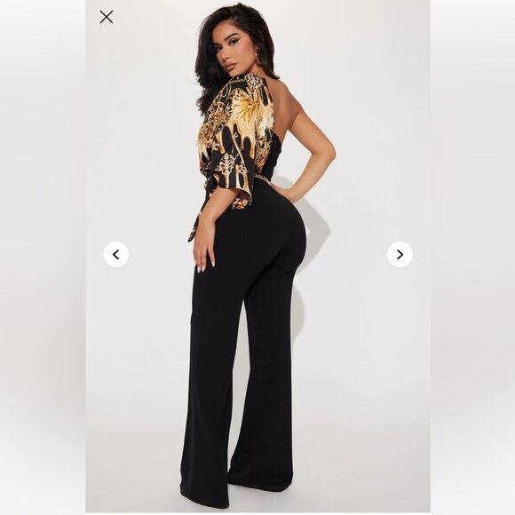 NWT - Fashion Nova Vivian One-Shoulder Jumpsuit - Black/combo - Size 2 - Picture 4 of 8